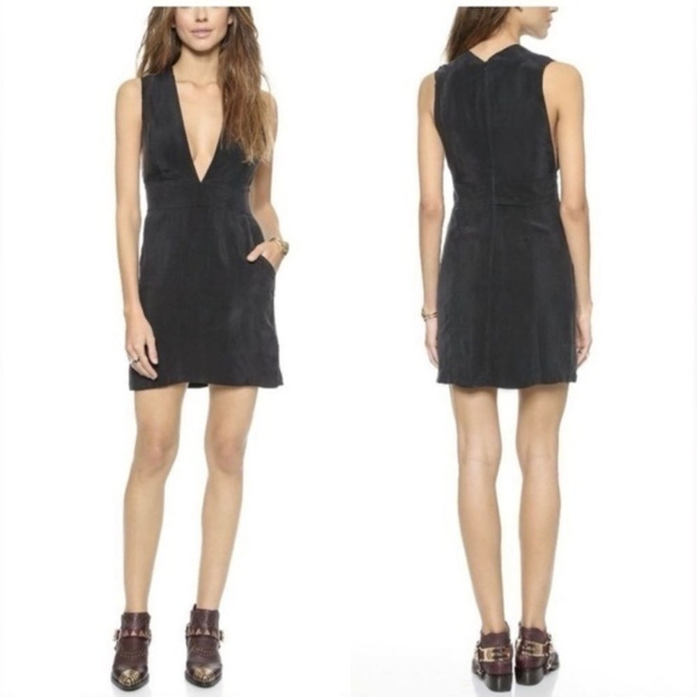 Anine Bing deep v plunging neck black 100% silk mini dress with pockets size XS